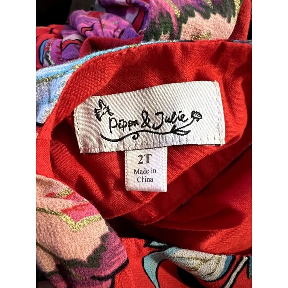 Pippa & Julie Girls Size 2T Floral Ruffle Dress Red Round Neck Sleeveless Excell - Picture 6 of 8